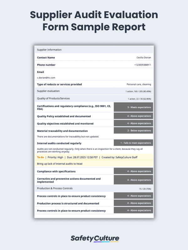 Supplier Audit Evaluation Form Sample PDF Report | SafetyCulture