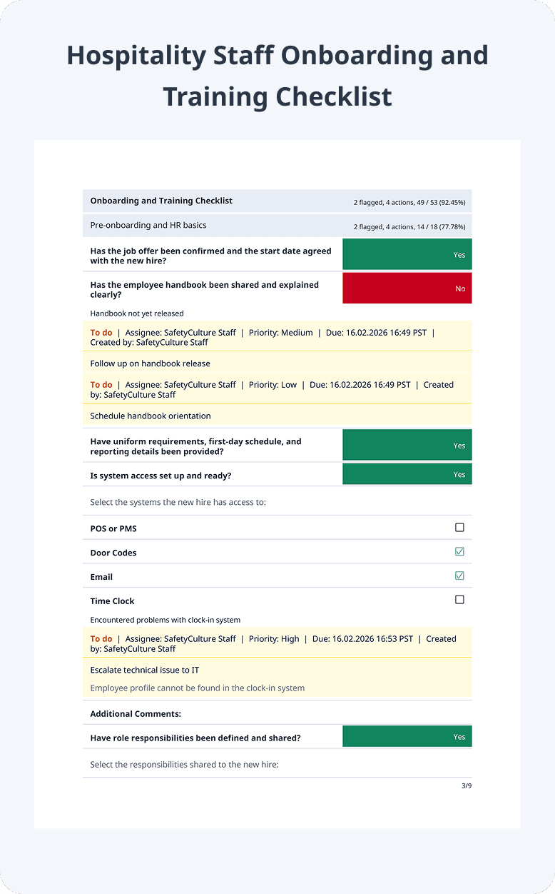 Hospitality Staff Onboarding and Training Checklist Sample PDF Report