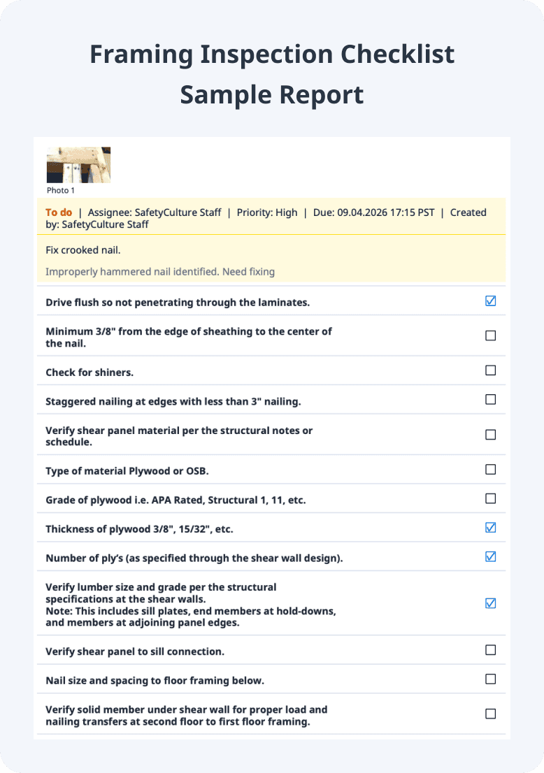 Framing Inspection Checklist Sample Report