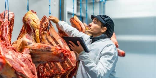 Meatpacking worker examining meat in cold storage before packing.